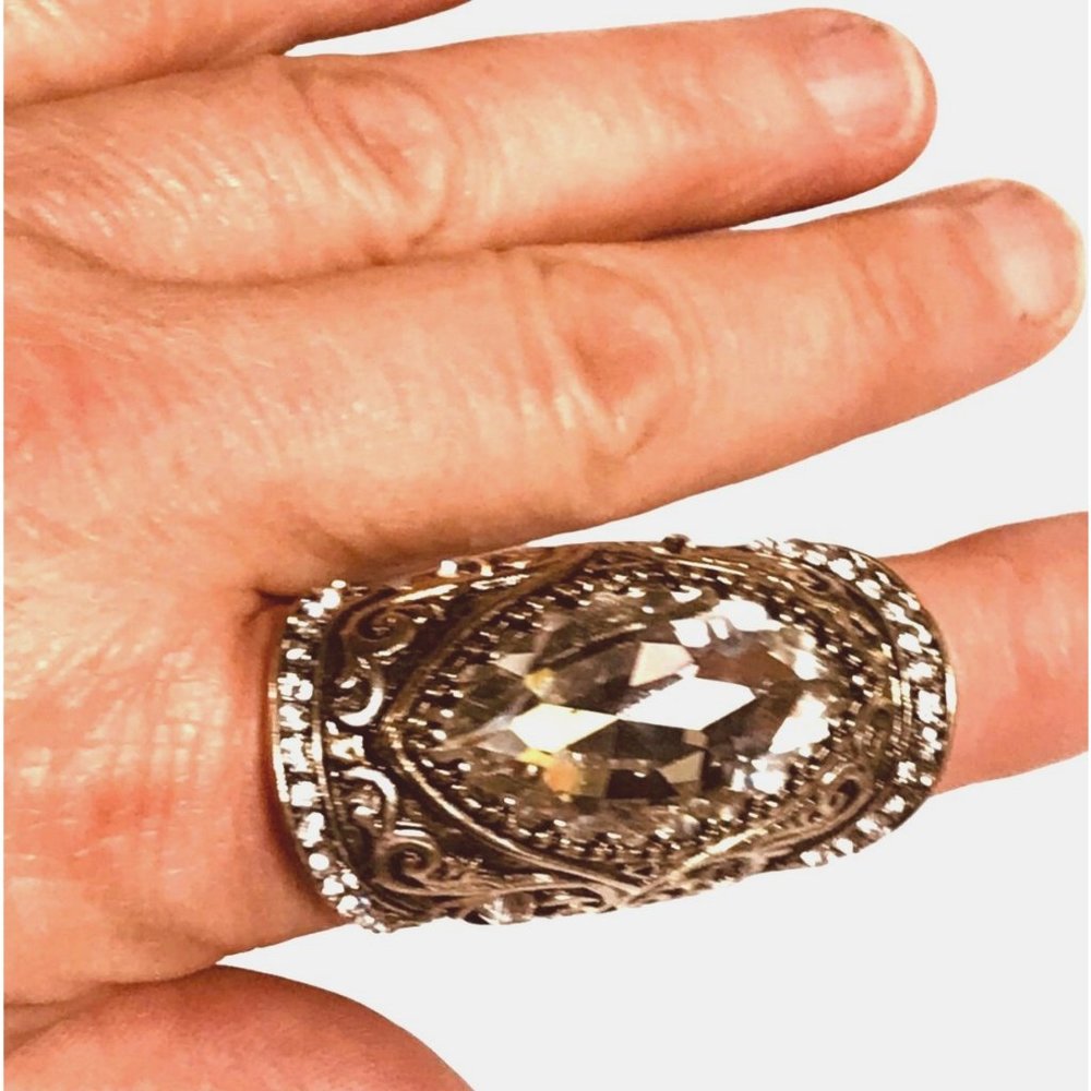 Western Style Full Finger Knuckle Joint Stretch Ring Silver Tone and Rhinestone - Picture 3 of 8